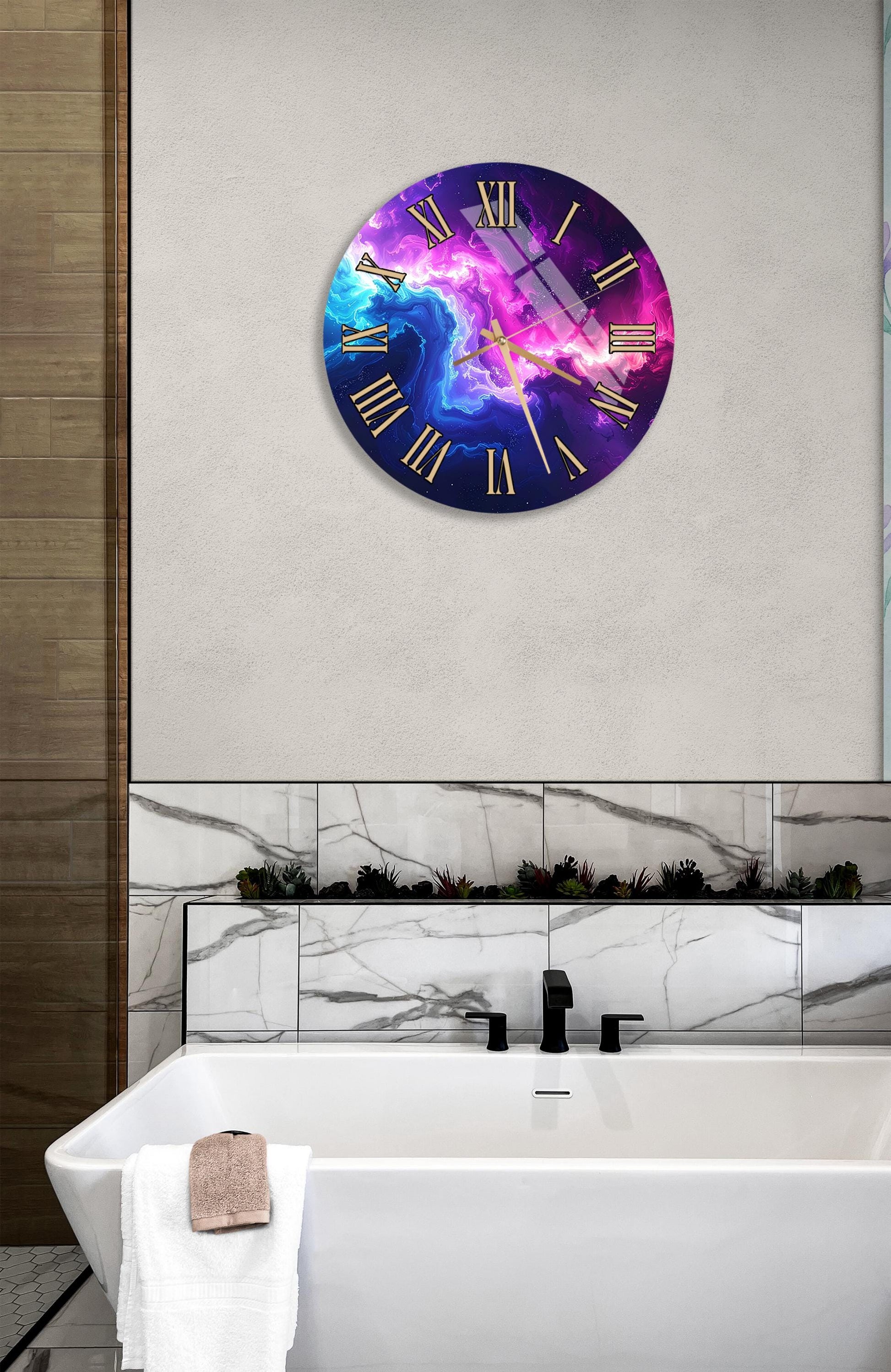 a bathroom with a white bathtub, a colorful wall clock, and a marble tile backsplash.