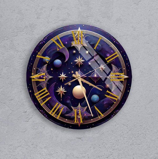 Tempered Glass Wall Clock – Celestial Lunar Phases, Deep Blue Modern Decor