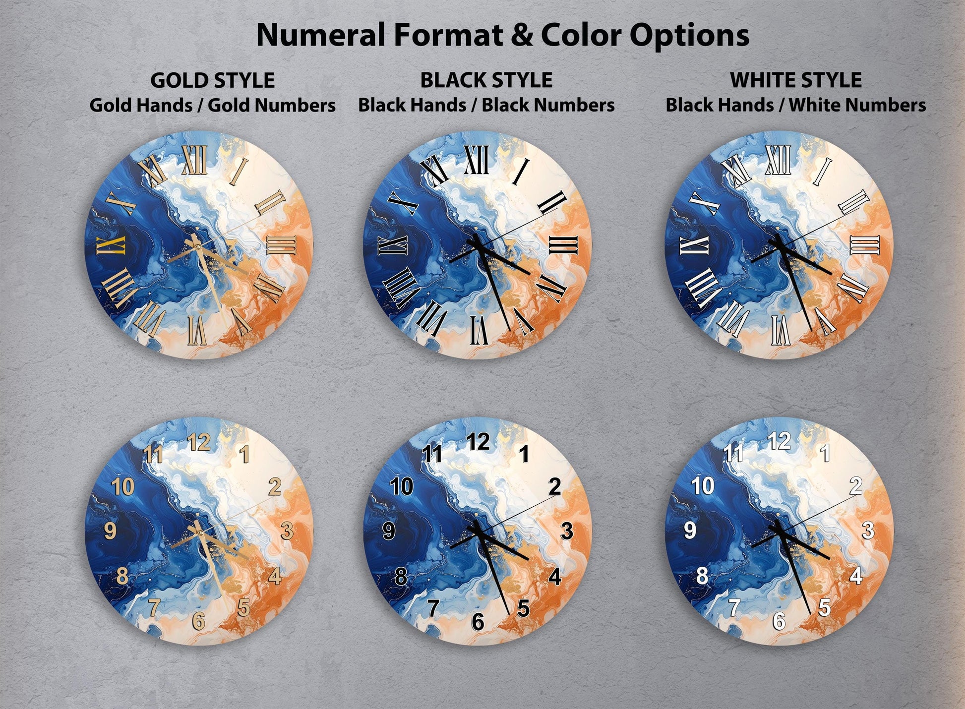 six different clock designs with varying styles and color options.
