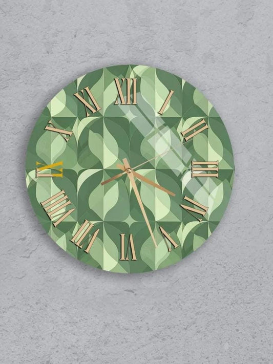 a collection of six clock faces with a green and black geometric pattern.