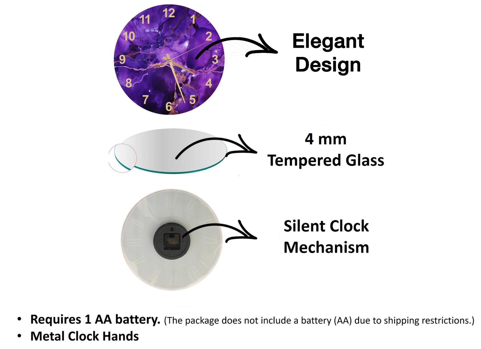 The image is a diagram that illustrates the features of a clock, including its design, materials, and mechanism. It shows a purple clock with a 4 mm Tempered Glass face, a 4 mm Silent Clock Mechanism, and a 1 AA battery. The diagram also indicates that the package does not include a battery (AA) due to shipping restrictions.