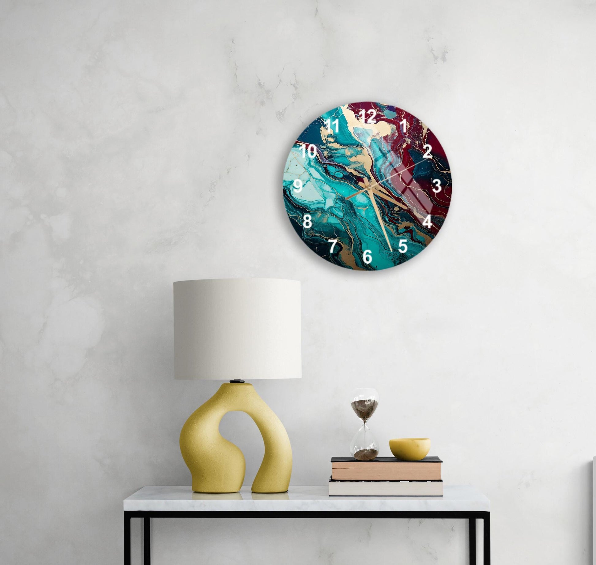 a table with a lamp and a clock on it