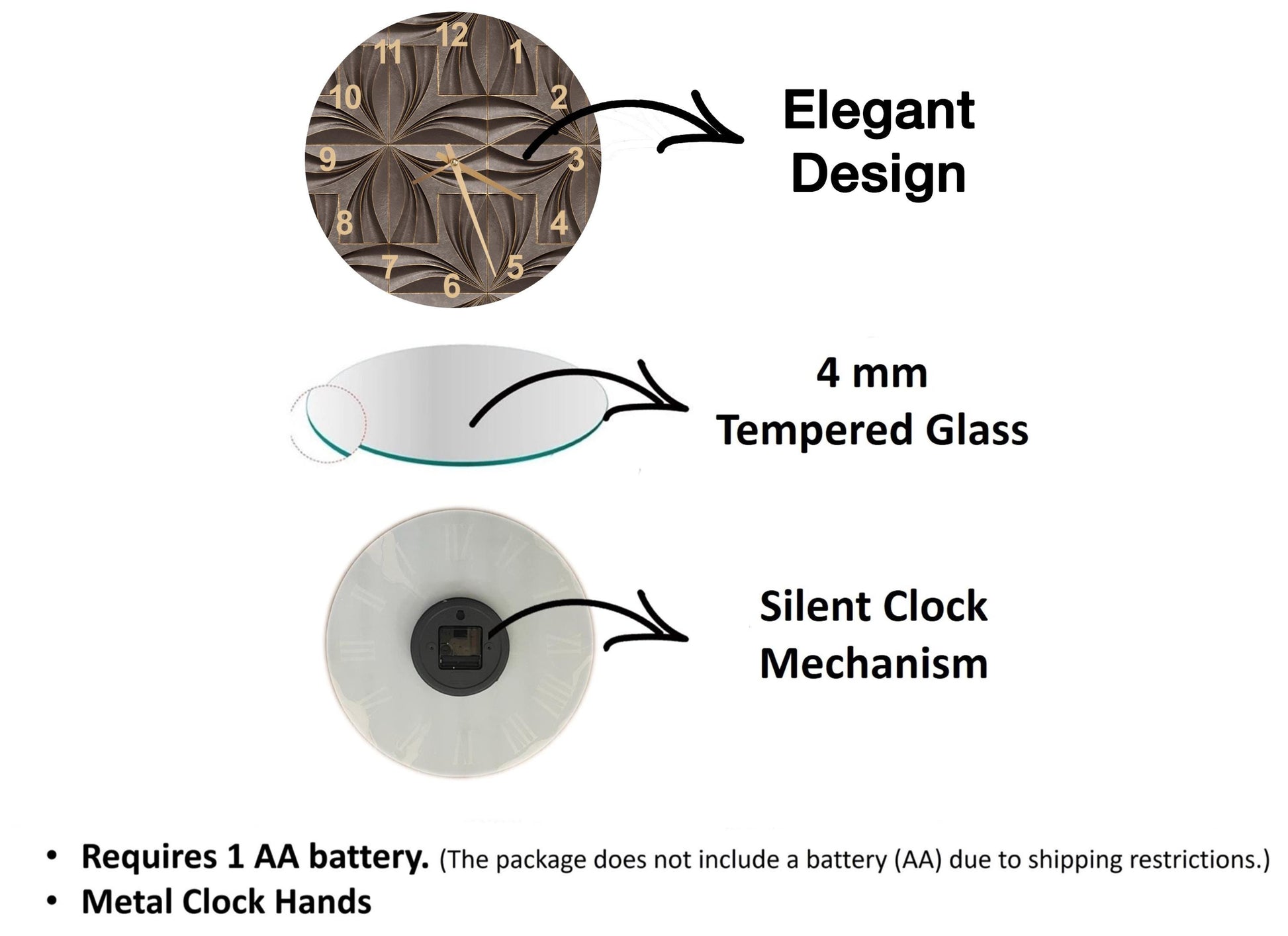 The image is a diagram that illustrates the features of a clock, including its design, materials, and mechanism. It shows a 4 mm Tempered Glass clock, a silent clock mechanism, and a metal clock hand. The diagram also includes text that explains the features of the clock, such as the requirement of a 1 AA battery and the absence of a battery (AA) due to shipping restrictions.