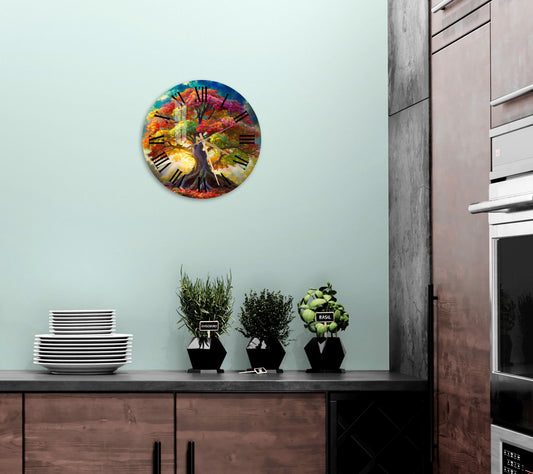 a kitchen area with a microwave and a painting on the wall