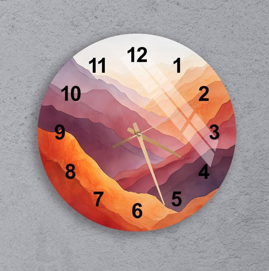 Tempered Glass Wall Clock - Colorful Abstract Mountain Art, Silent & Scratch Resistant