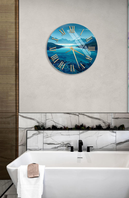 Tempered Glass Wall Clock – Blue Landscape Art, Oversized Silent Sweep Clock
