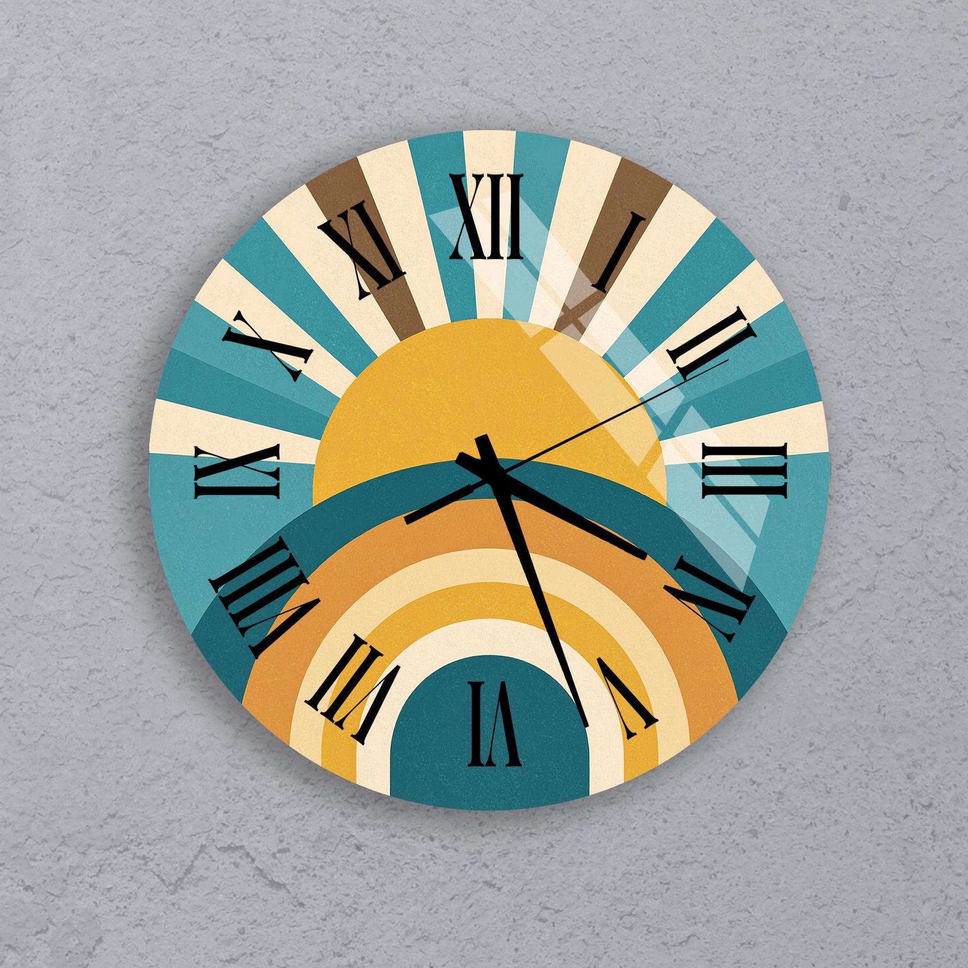 A wall clock with a sun-like design and Roman numerals.