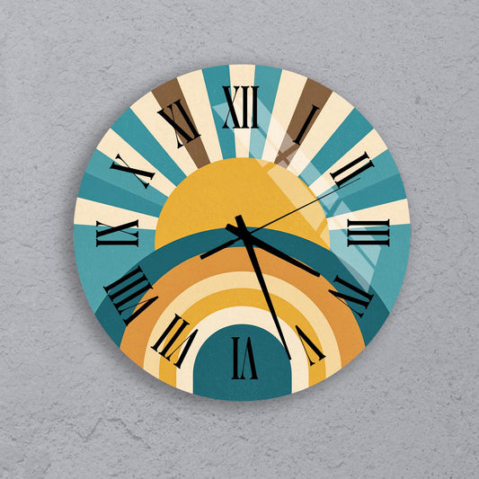 A wall clock with a sun-like design and Roman numerals.