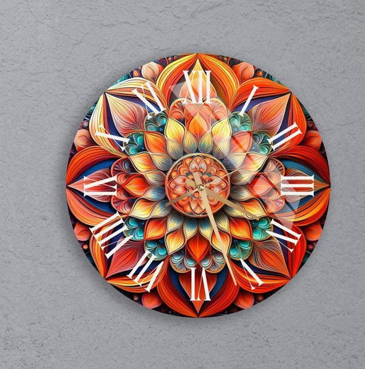 Boho Glass Wall Clock – Mandala Tempered Glass Clock, Colorful Bohemian Decor