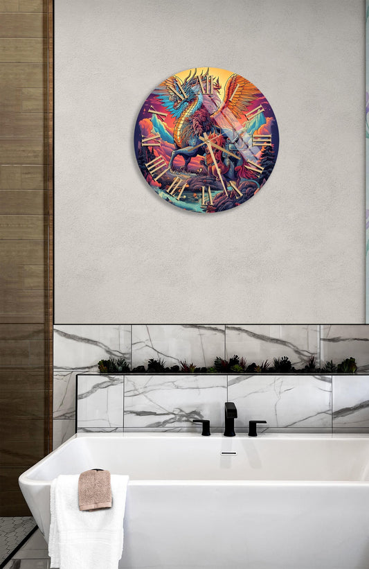 Tempered Glass Wall Clock – Large Colorful Griffin Art | Modern Home Decor