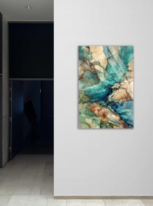 Teal Marble Wall Art – Modern Fluid Painting on Tempered Glass Panel | Luxury Decor