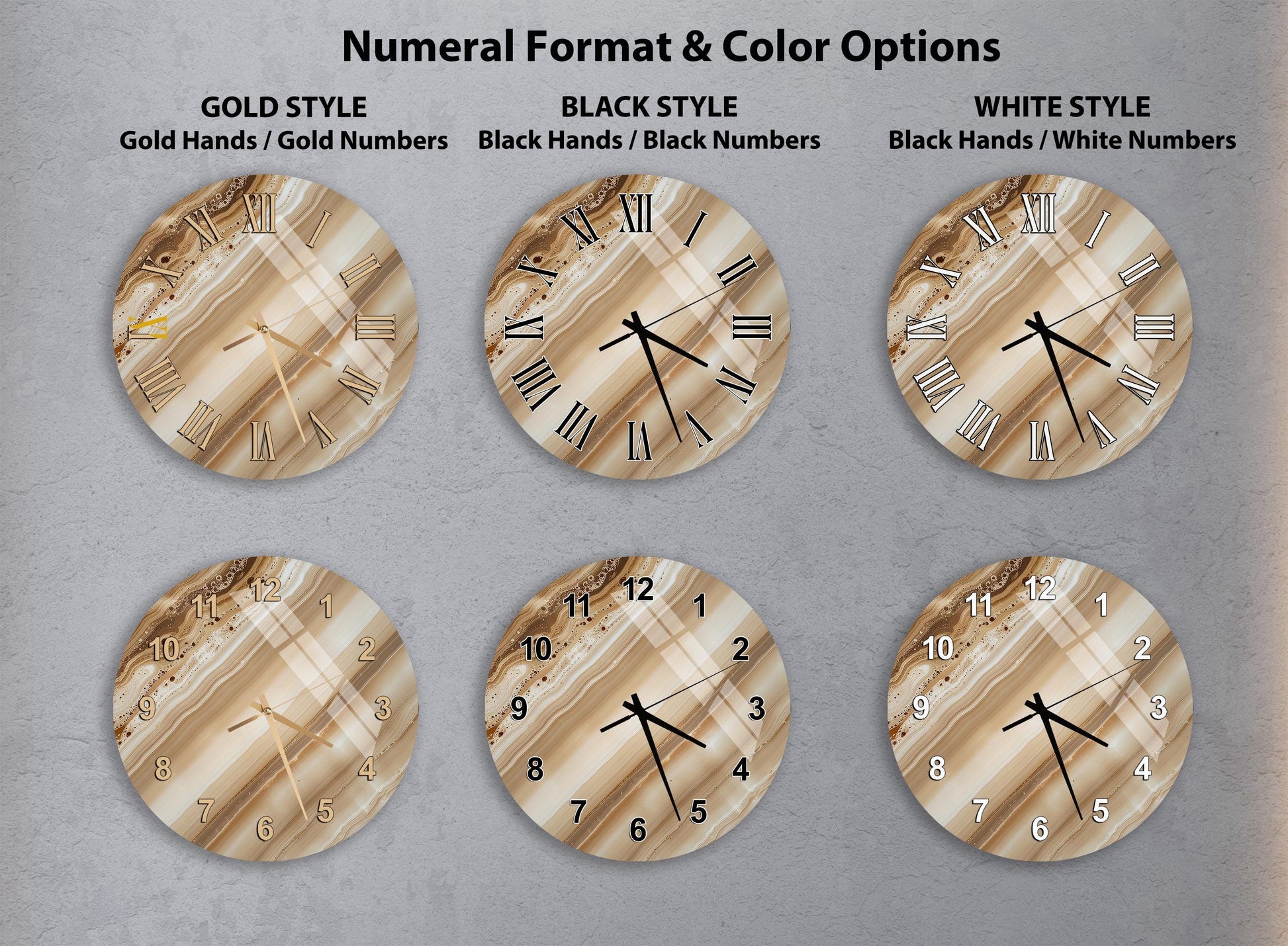 a collection of six different clock designs, each with a unique style and color option. The clocks are arranged in a grid format, with two rows and three columns, showcasing a variety of styles and color options for wall clocks.