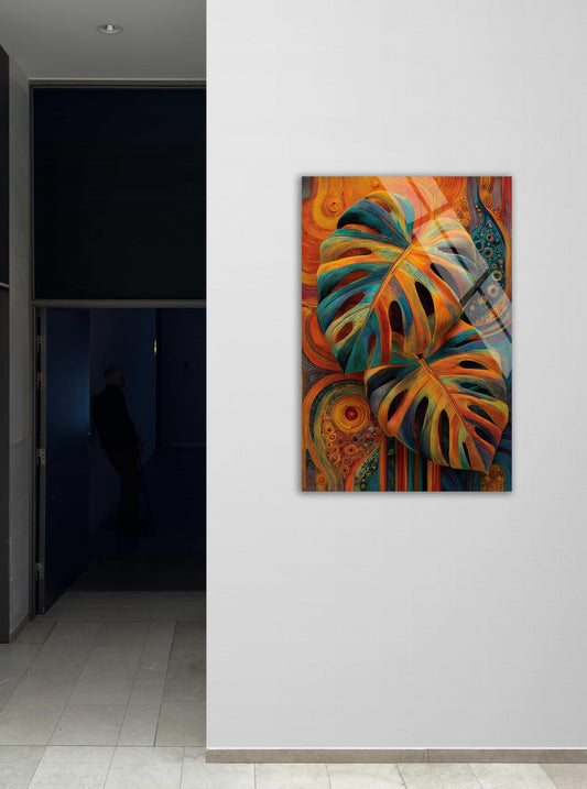 Monstera Leaf Wall Art – Abstract Botanical Tempered Glass Art, Vibrant Decor