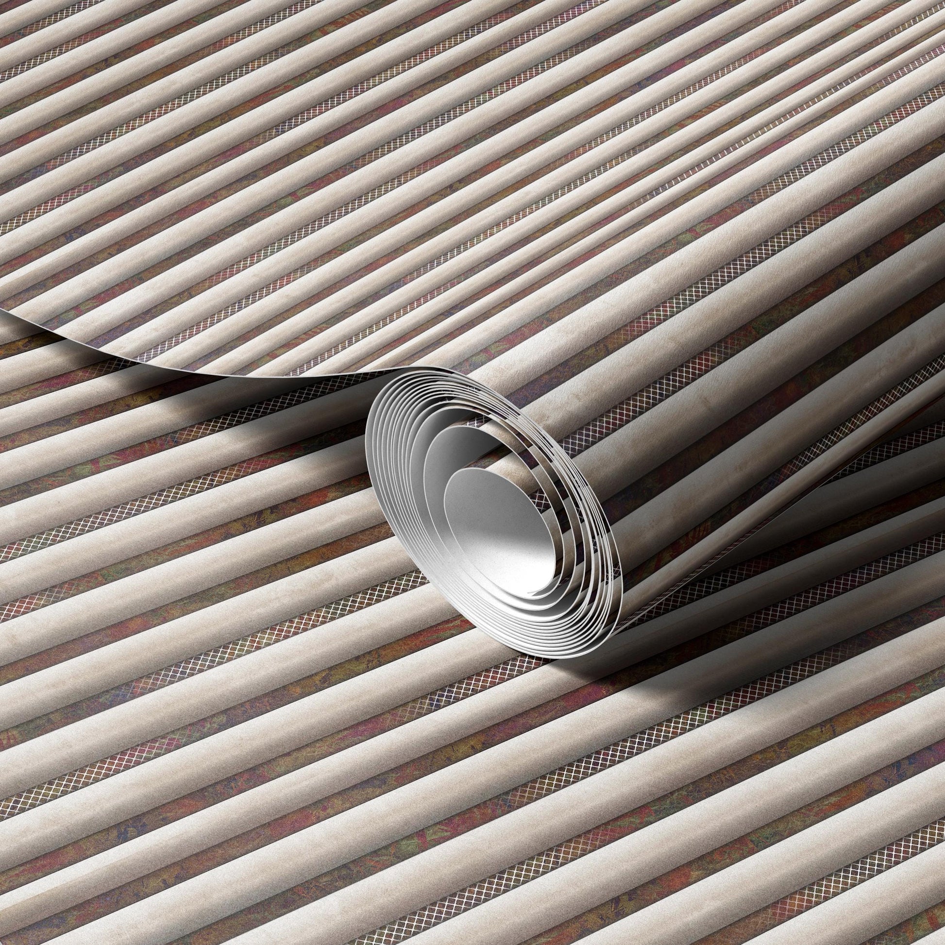 A roll of metallic silver-colored material with a repeating pattern of horizontal and vertical lines, creating a metallic, reflective surface.