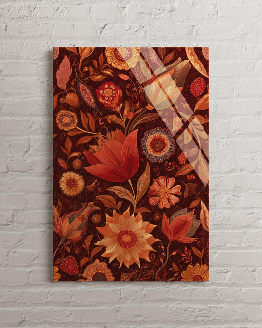 Boho Floral Wall Art - Large Tempered Glass Decor | Vintage Terracotta Print