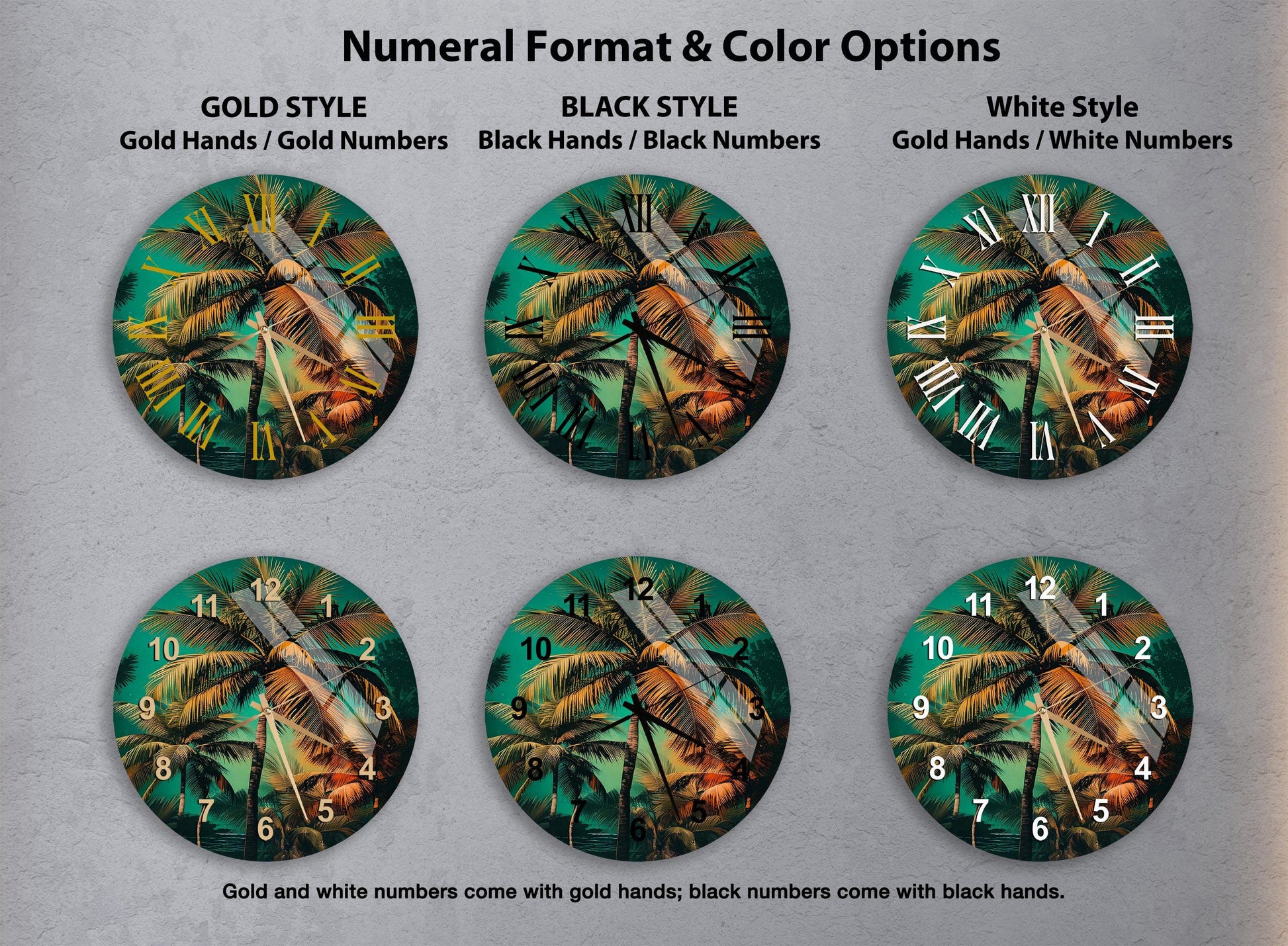 a set of four clocks with palm trees on them