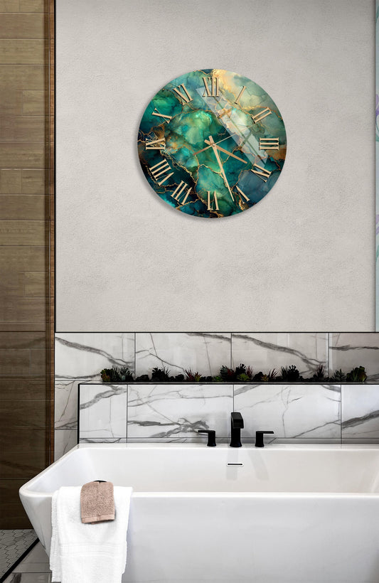 Tempered Glass Wall Clock - Teal Gold Abstract Modern Oversized Decorative Timepiece