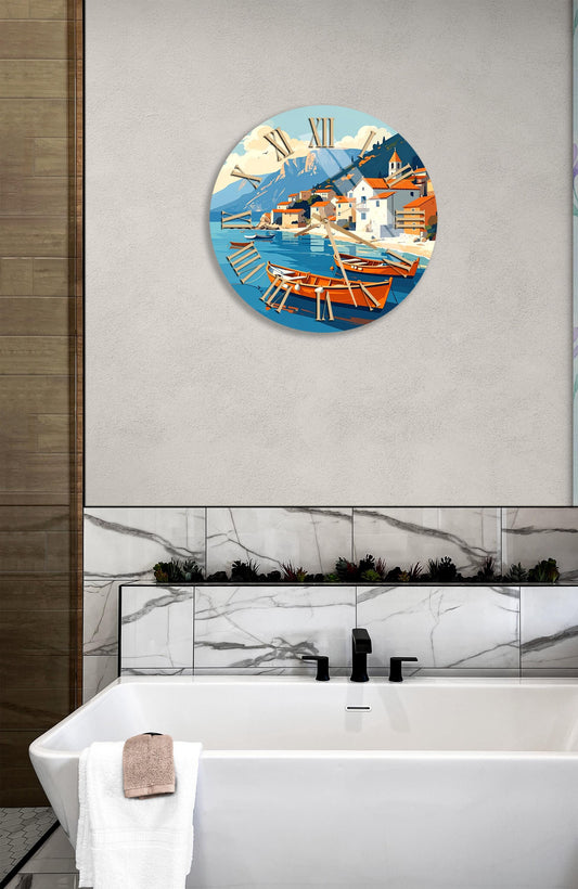 Tempered Glass Wall Clock - Blue Coastal Village Scene, Oversized Decor