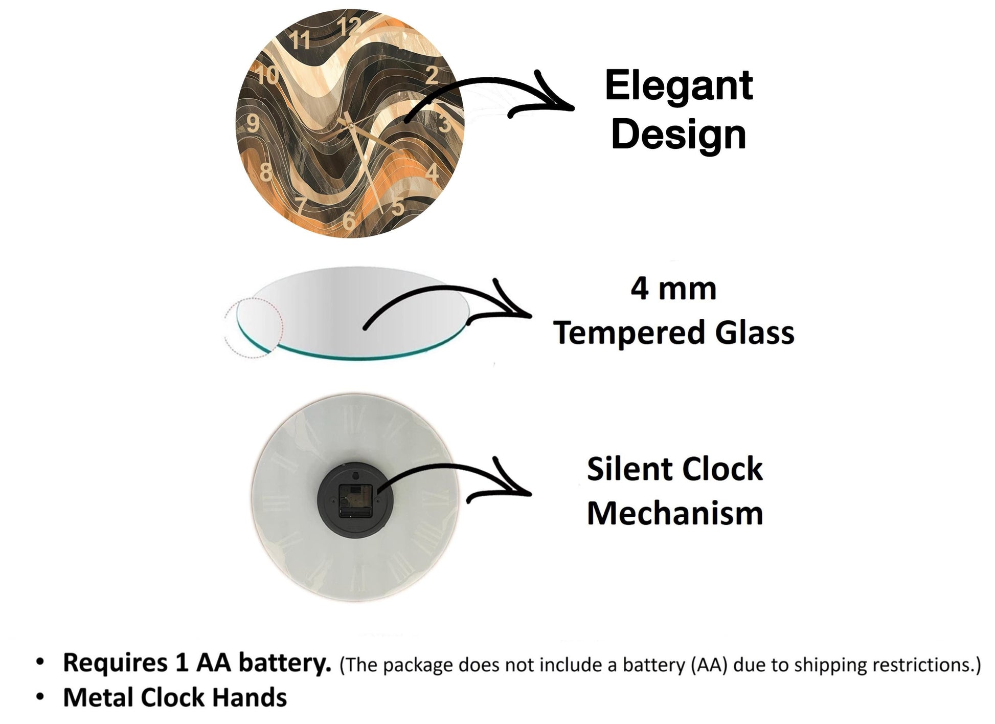 The image is a diagram that illustrates the features of a clock, including its design, size, and mechanism. It shows a 4 mm Tempered Glass clock, a silent clock mechanism, and a metal clock hand. The diagram also includes text that explains the features of the clock, such as the requirement of a 1 AA battery and the absence of a battery (AA) due to shipping restrictions.