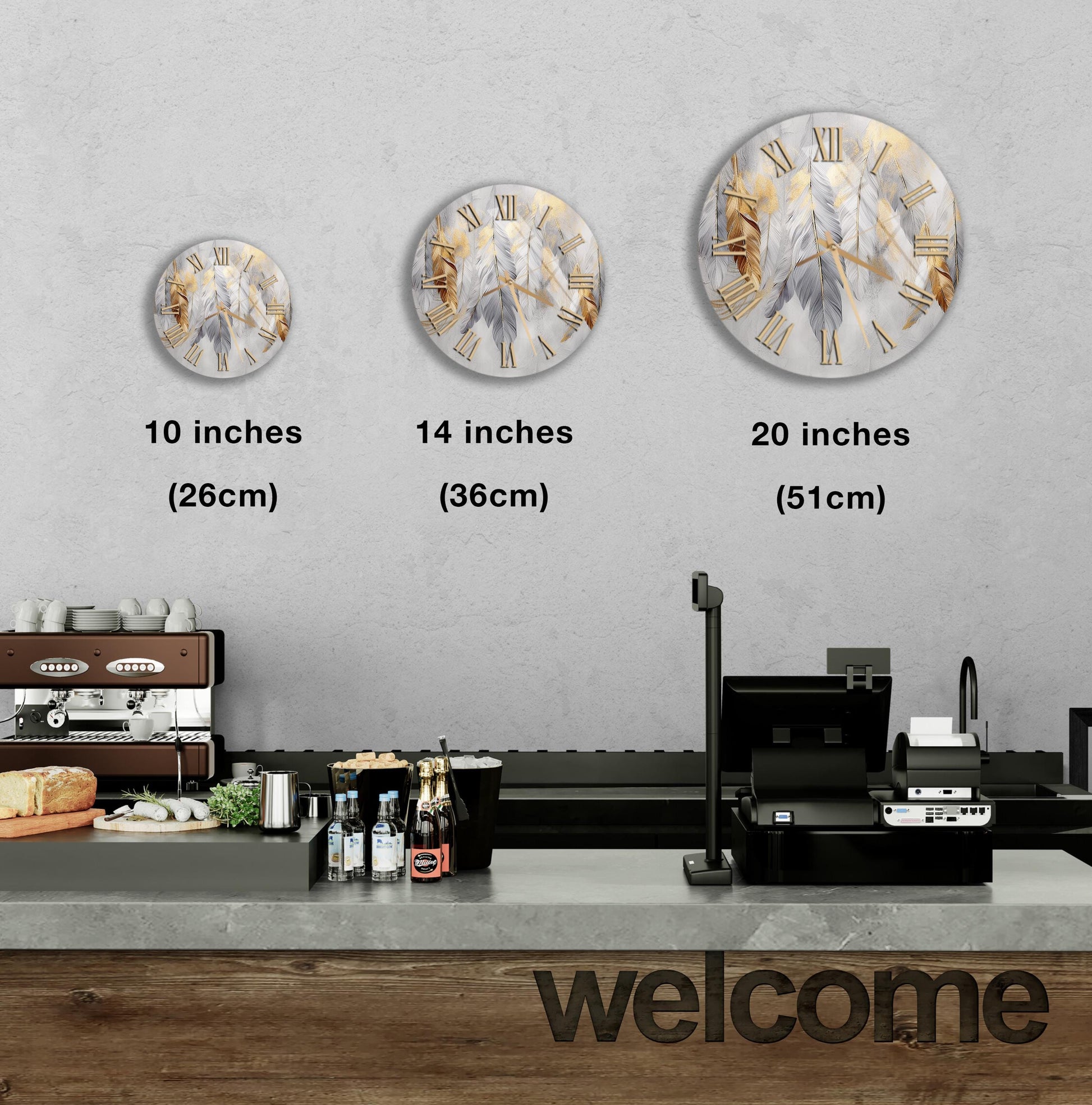 a counter with a cash register, a coffee machine, and a welcome sign. There are three clock faces of different sizes displayed on the wall above the counter.