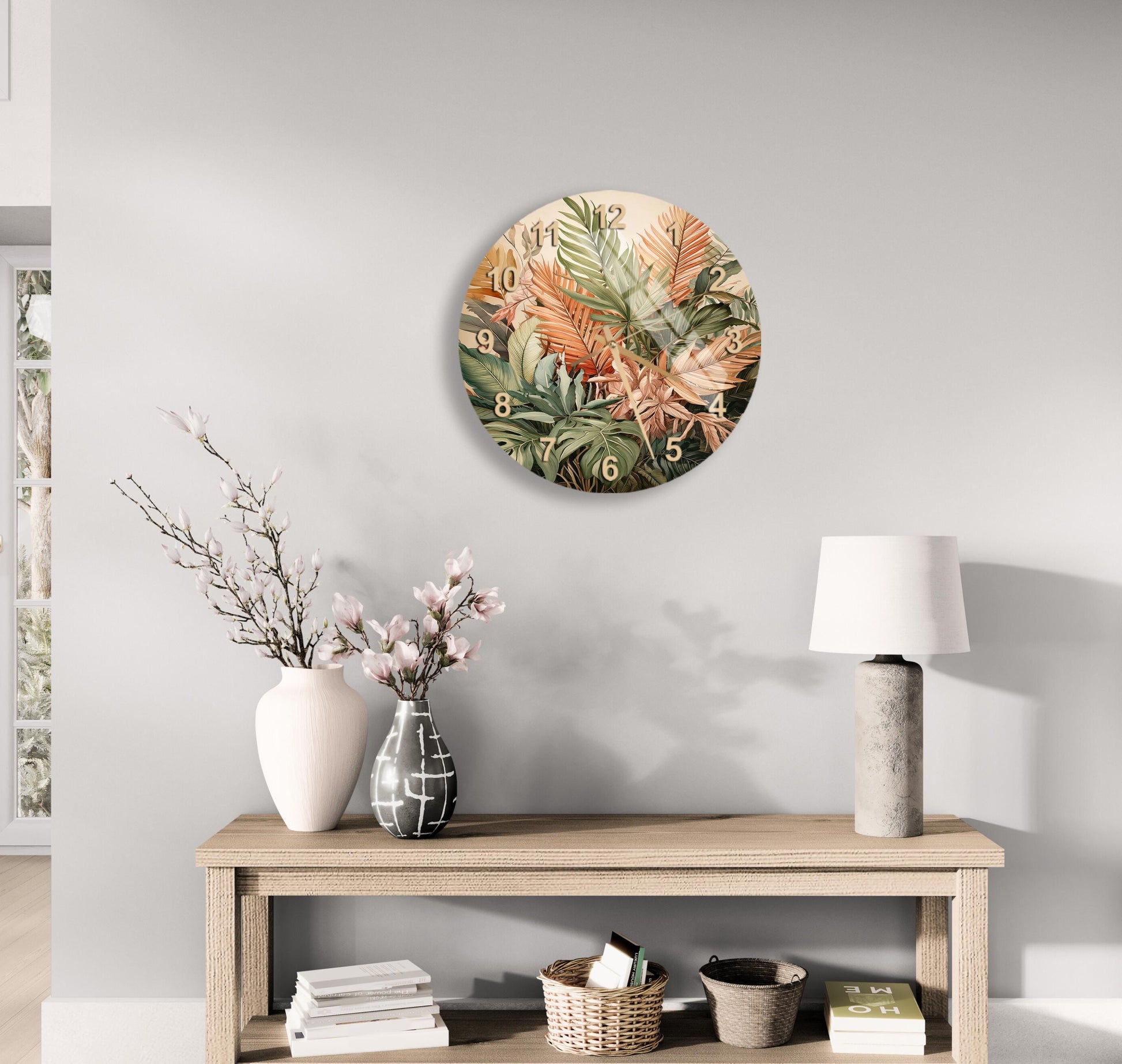 a wooden table with a vase of flowers and a clock on the wall