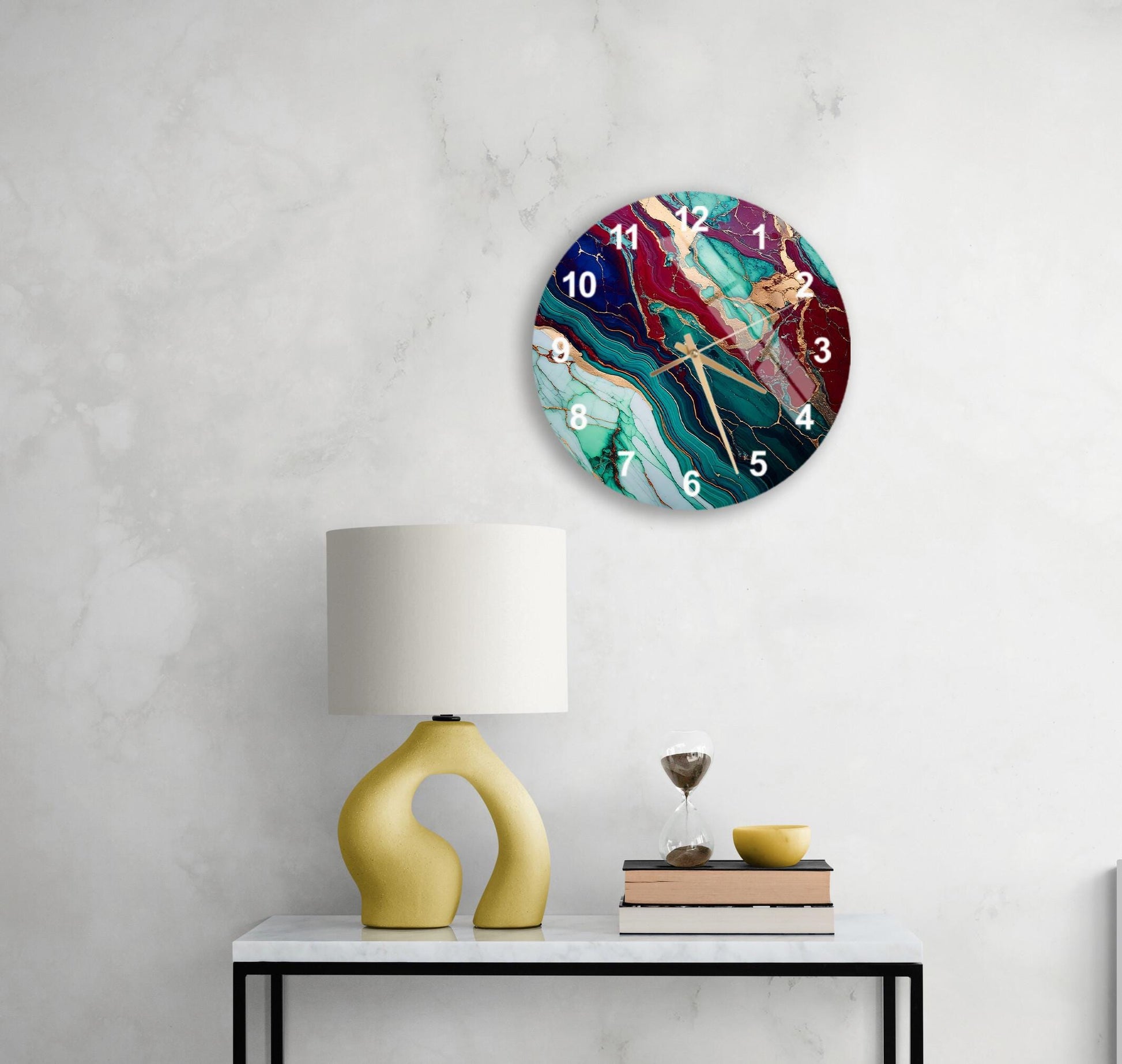 a white table with a lamp and a clock on it