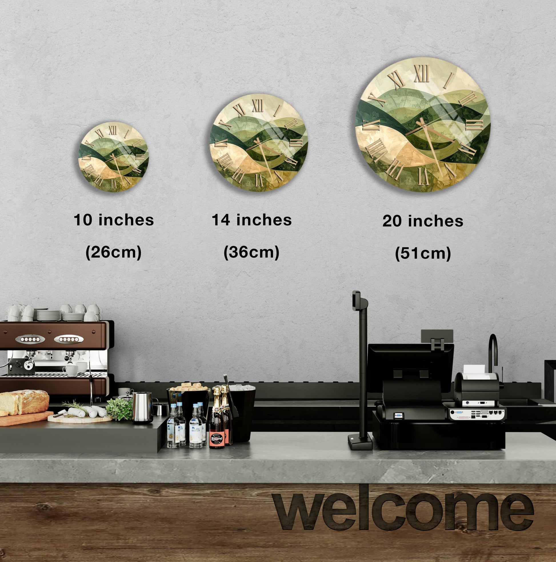 a counter with a cash register, a coffee machine, and a sign that says "welcome". There are three clock faces displayed on the wall, each representing a different size of the clock.