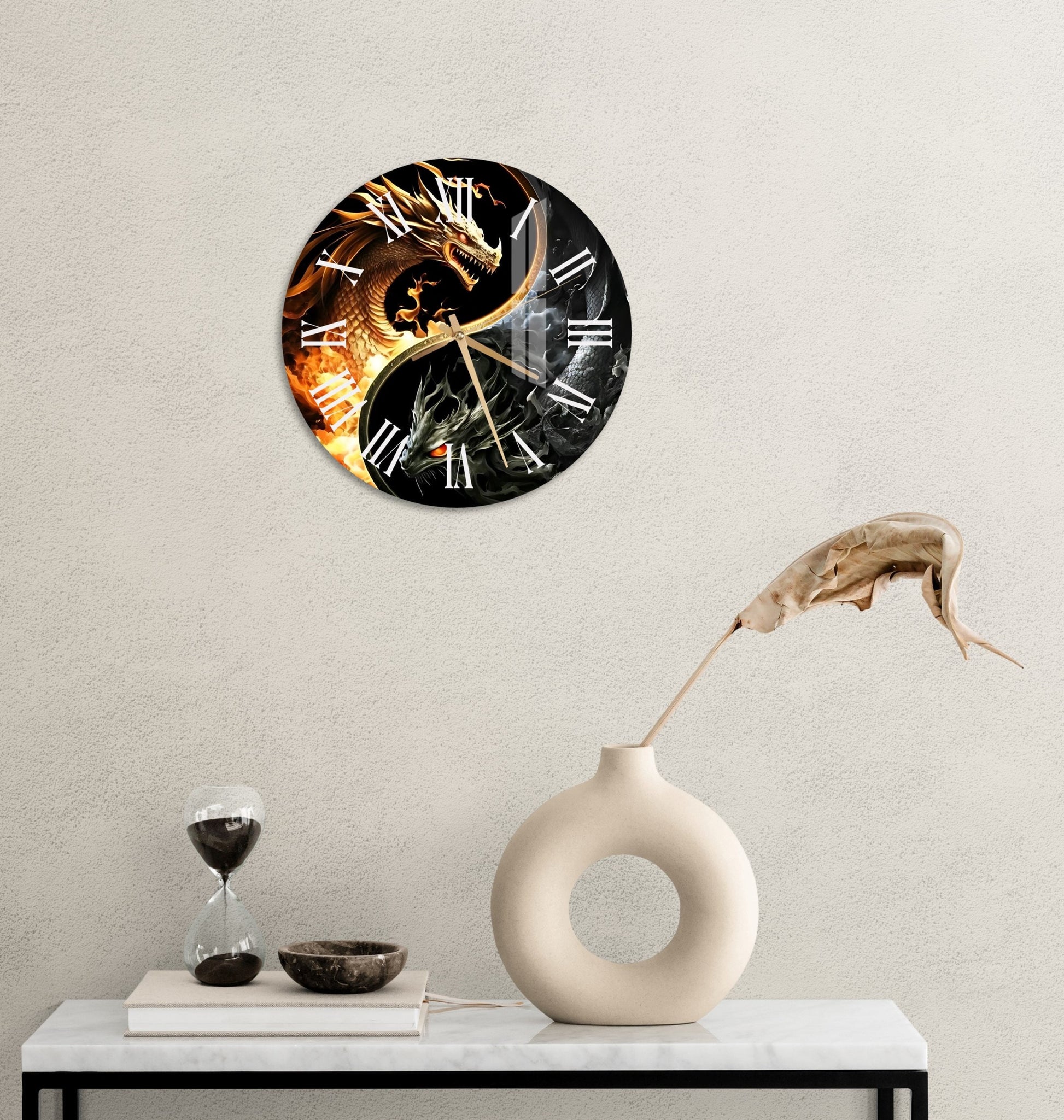 a clock on a wall with a picture of a dragon on it