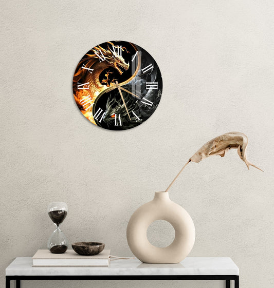 a clock on a wall with a picture of a dragon on it