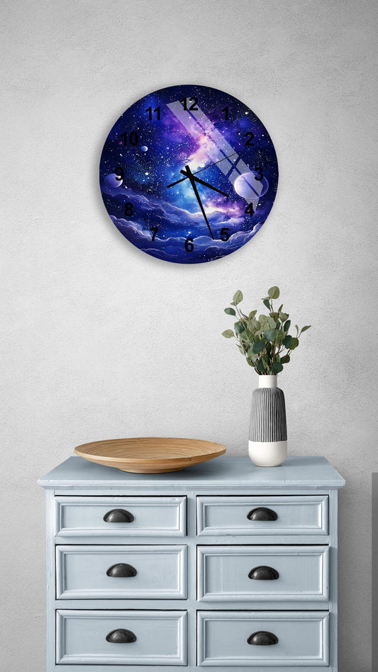 a clock on a wall above a dresser