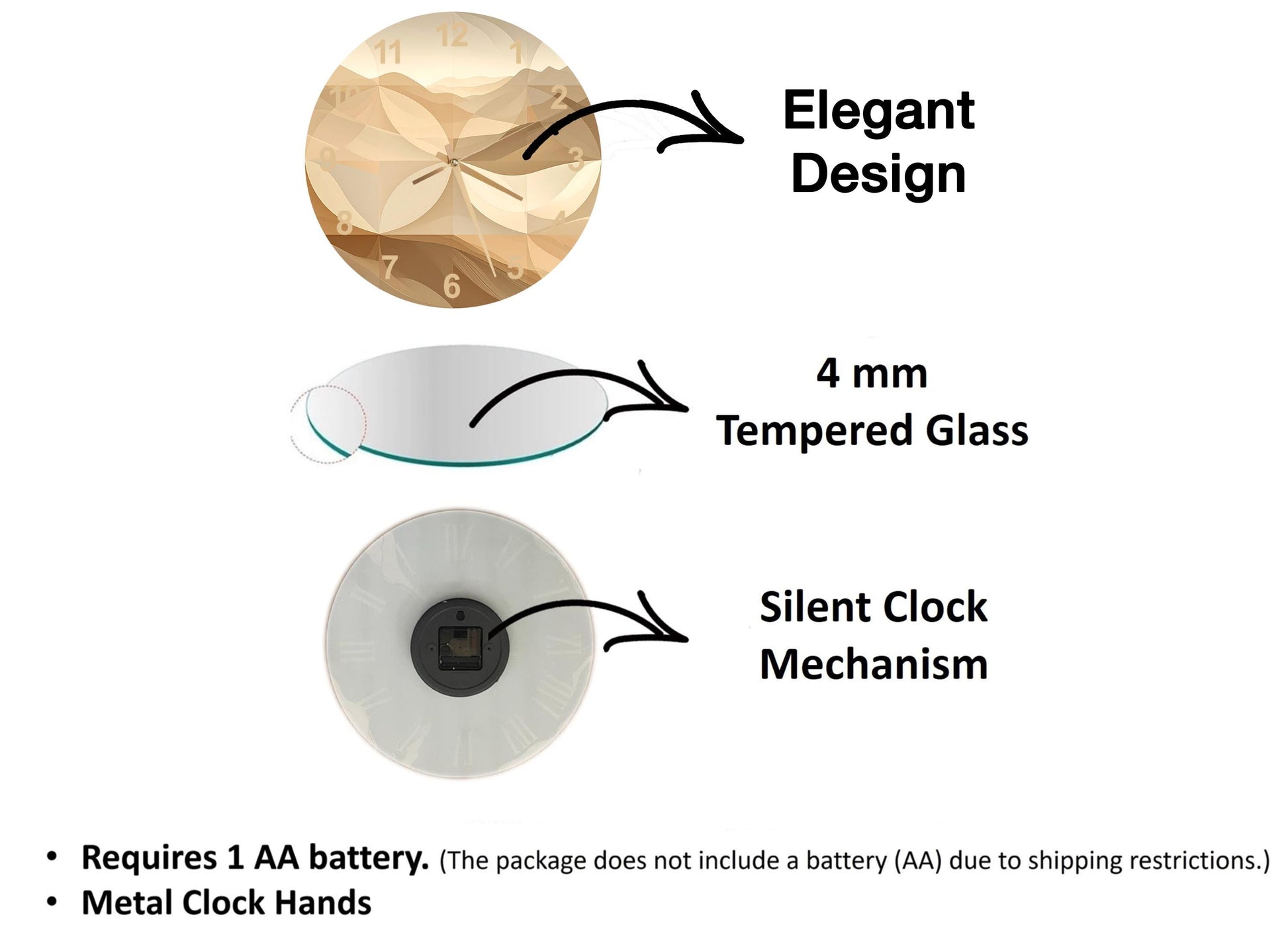 The image is a diagram that illustrates the features of a clock, including its design, materials, and mechanism. It shows a 4 mm Tempered Glass clock face, a silent clock mechanism, and a metal clock hand. The diagram also includes text that explains the features of the clock, such as the requirement of a 1 AA battery and the absence of a battery (AA) due to shipping restrictions.