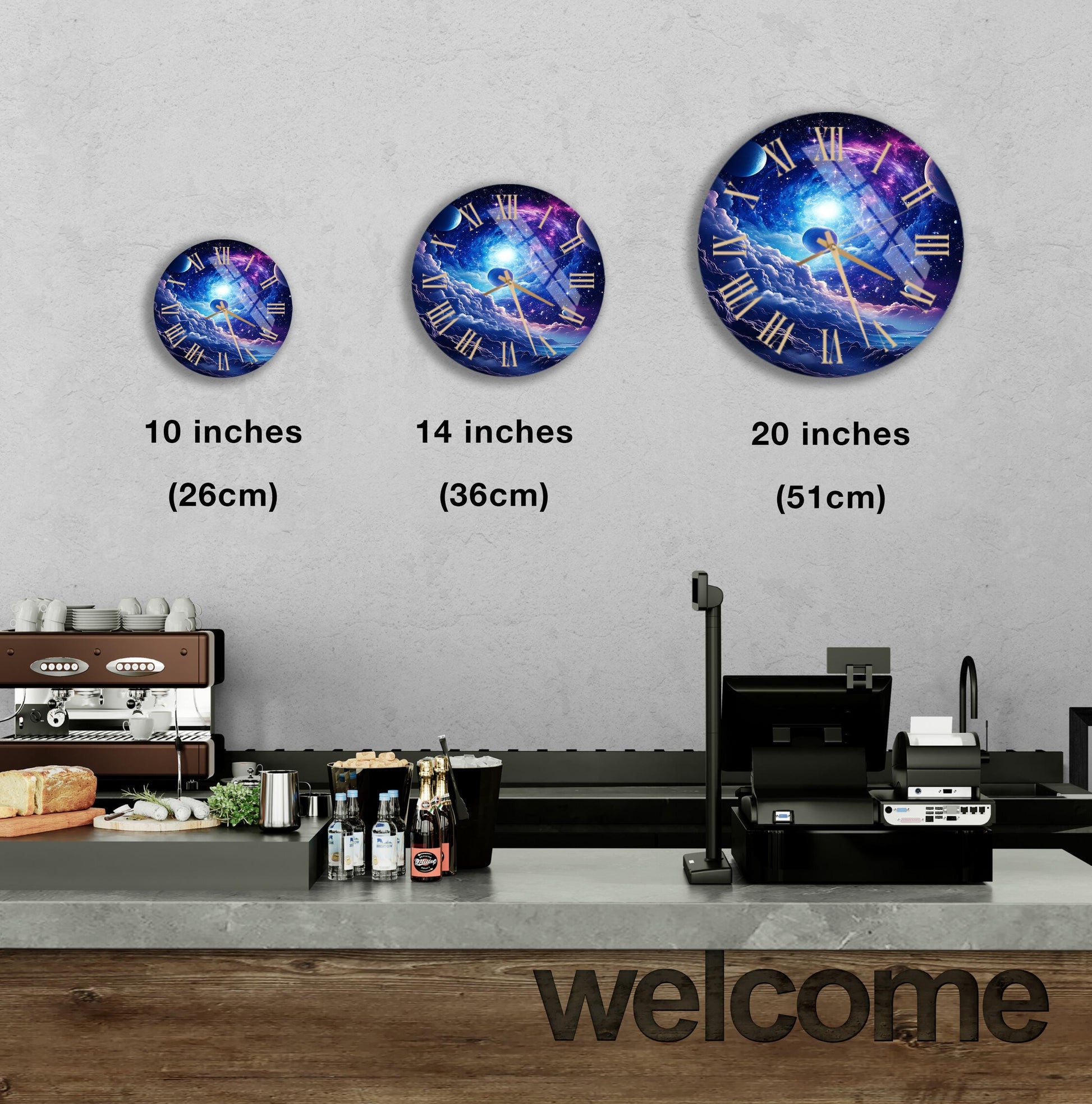 a kitchen counter with three clocks on the wall