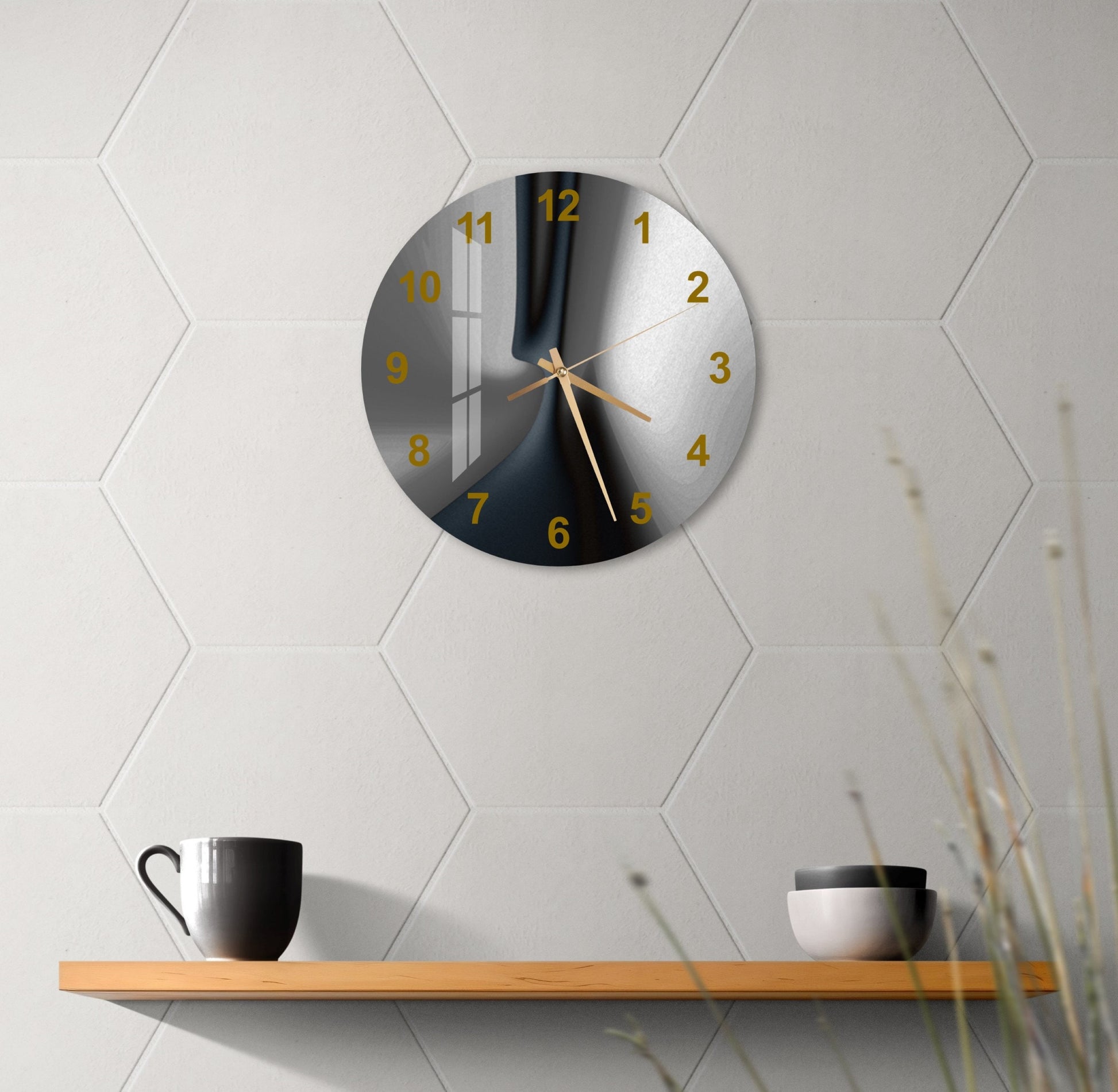 a clock on a wall next to a cup of coffee