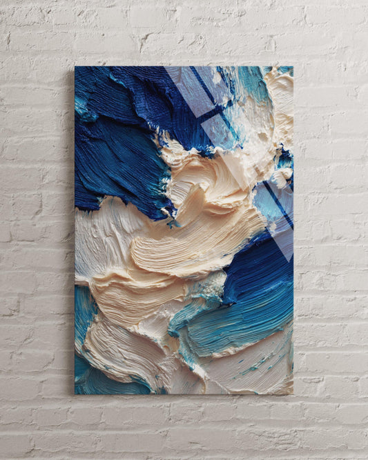 Tempered Glass Wall Art - Blue Cream Abstract Glass Art, Navy White Decor