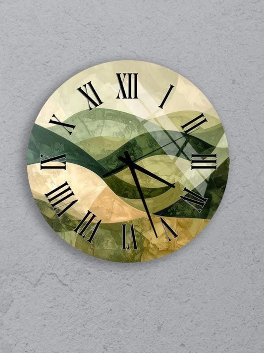 six circular wall clocks with different designs and styles, all set against a gray background.