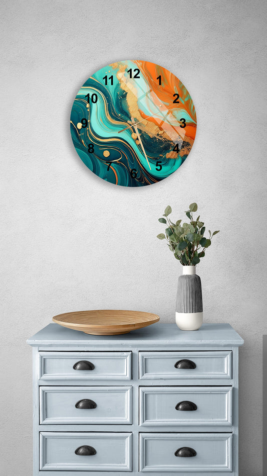 Tempered Glass Wall Clock – Marbled Style Orange & Green Abstract Decor Gift