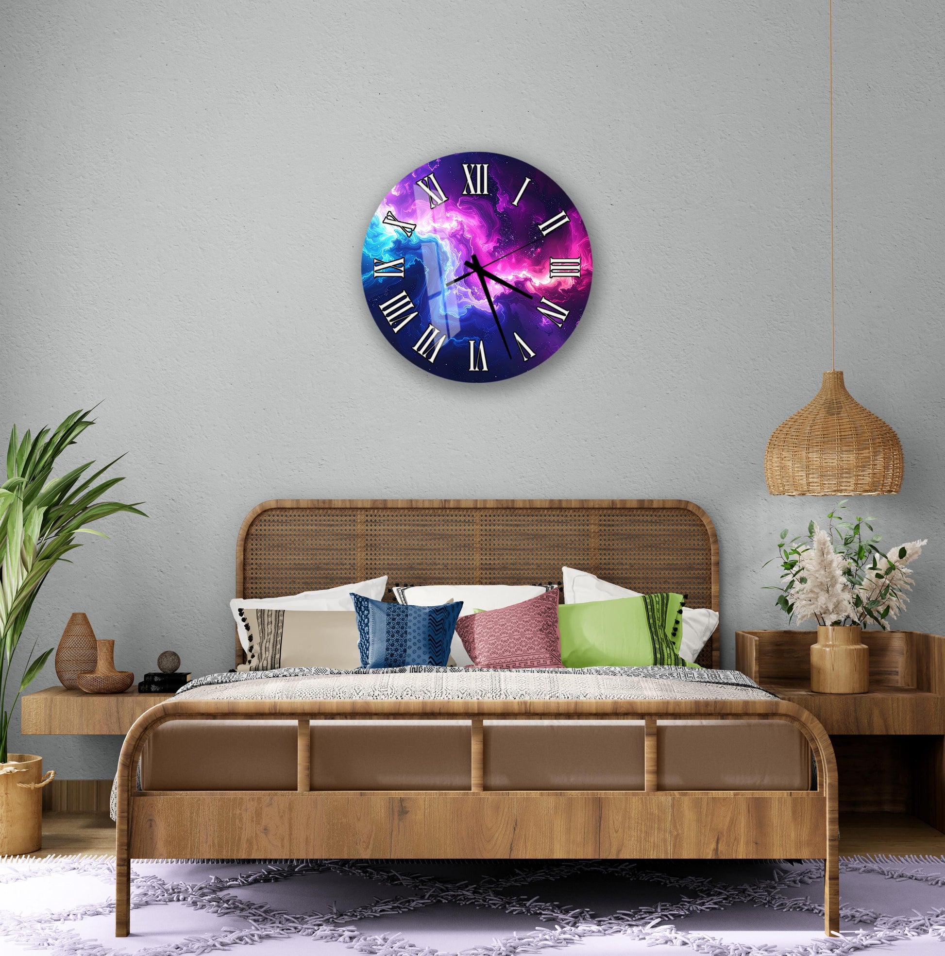 a bedroom with a large, colorful clock on the wall above a bed with a wooden headboard. The room has a neutral color scheme with a few decorative elements, such as potted plants and vases.