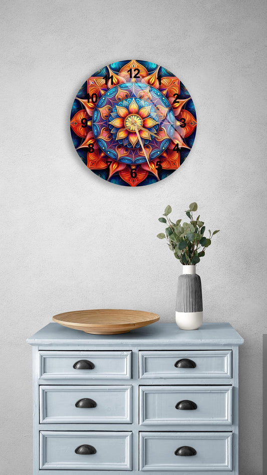 Tempered Glass Wall Clock – Boho Floral Design, Purple Modern Silent Clock
