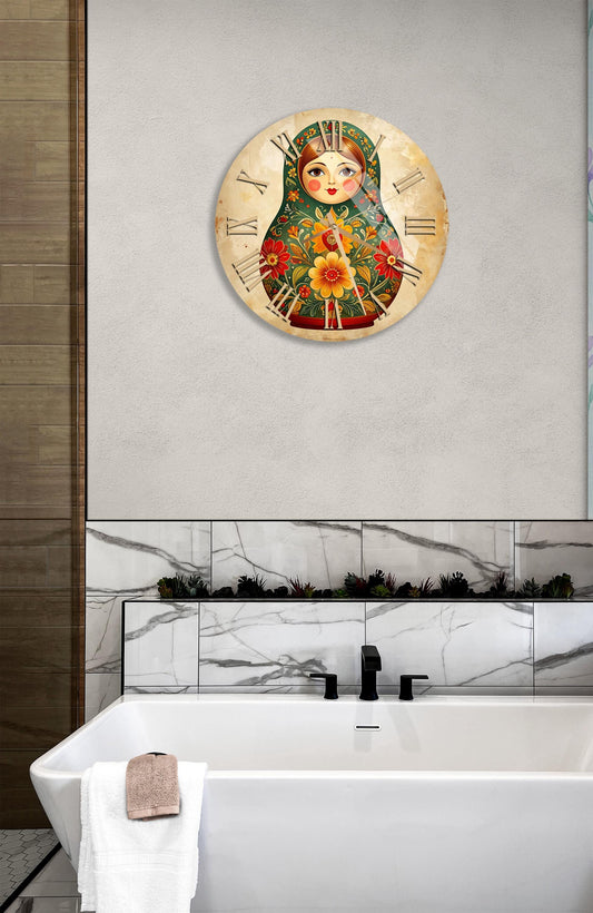 Tempered Glass Wall Clock – Russian Doll Decor, Vintage Floral Pattern, Colorful