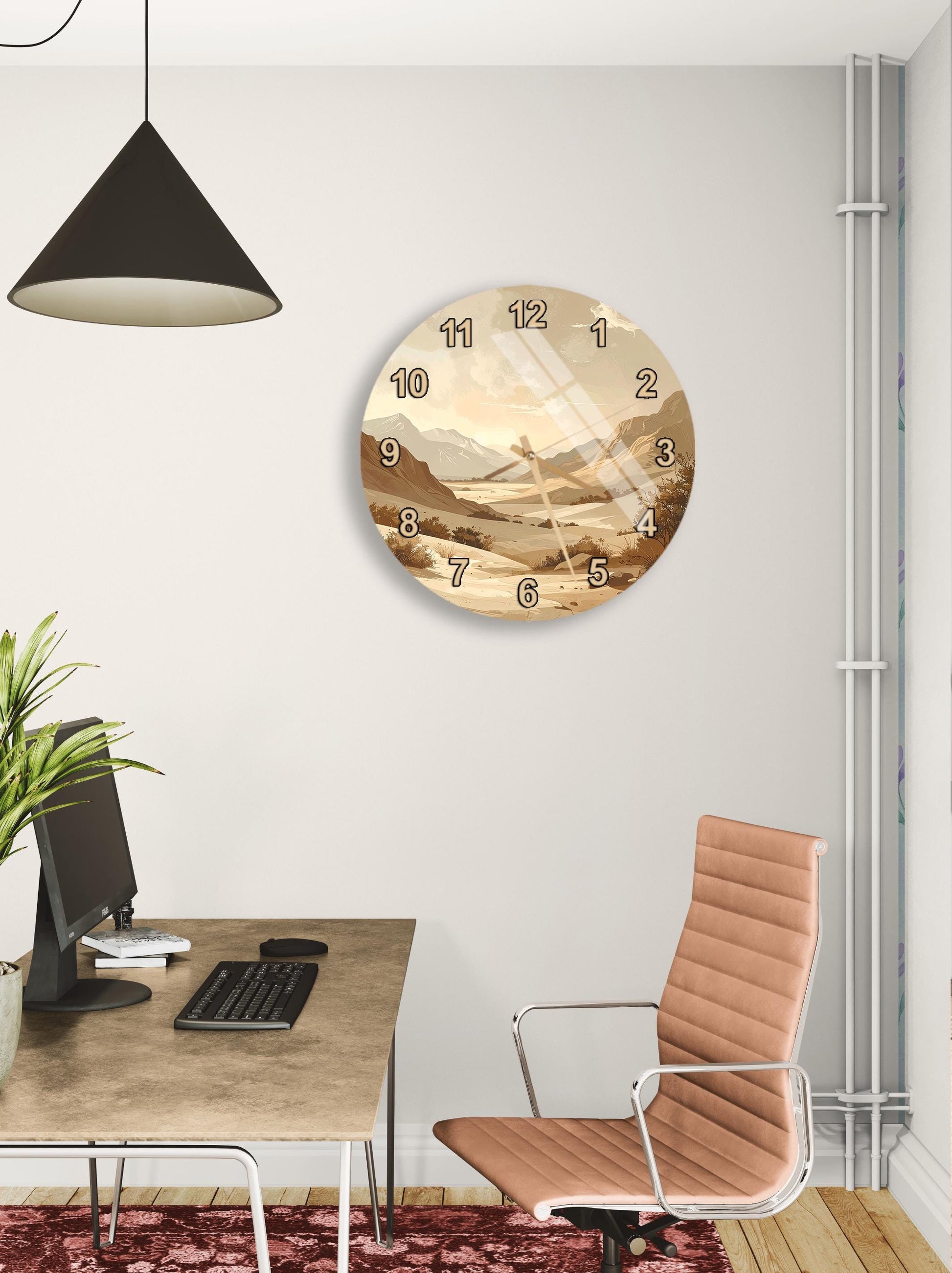 a modern office space with a large wall clock, a wooden desk with a computer setup, and a comfortable office chair.