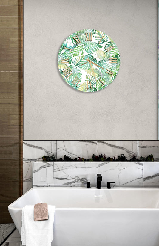 Tempered Glass Wall Clock – Tropical Leaf Design, Green & White, Large Decor