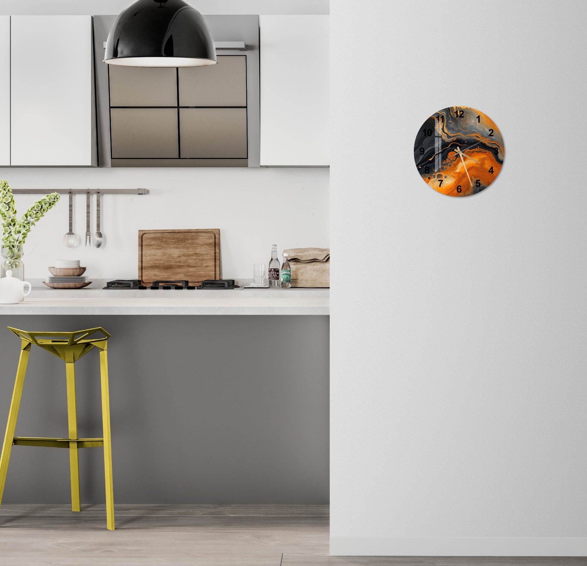 a kitchen with a yellow stool and a clock on the wall