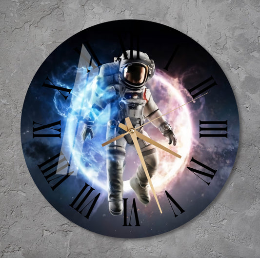a clock with an astronaut on it on a wall