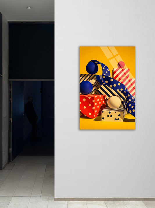 Tempered Glass Wall Art - Abstract Geometric 3D Shapes with Red Blue Yellow Dots