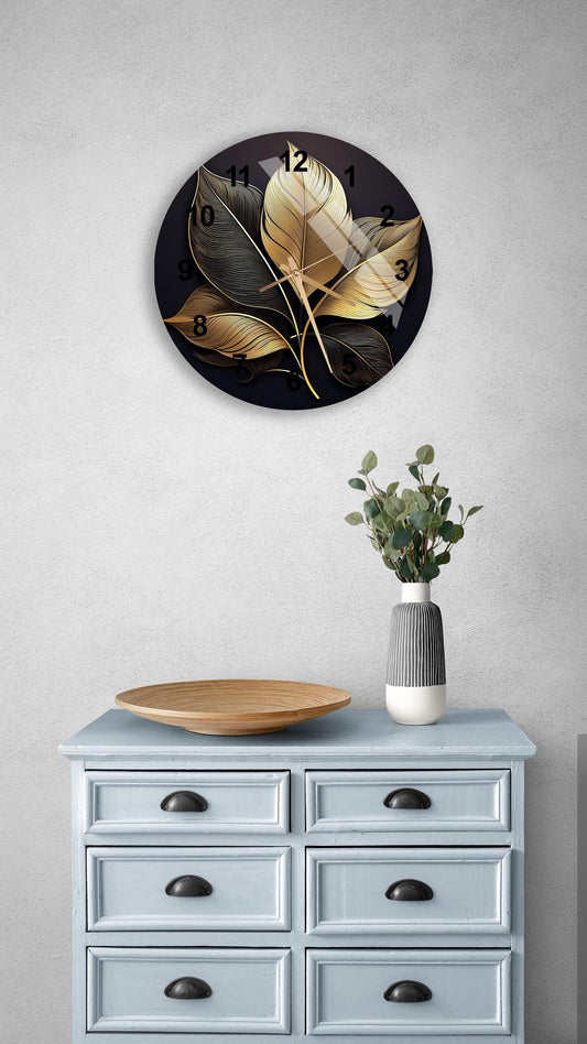Tempered Glass Wall Clock – Gold Leaf Floral Decor | Modern Silent Kitchen Clock
