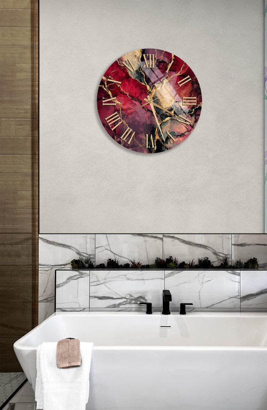 Tempered Glass Wall Clock – Burgundy Gold Abstract Art | Modern Oversized Decor