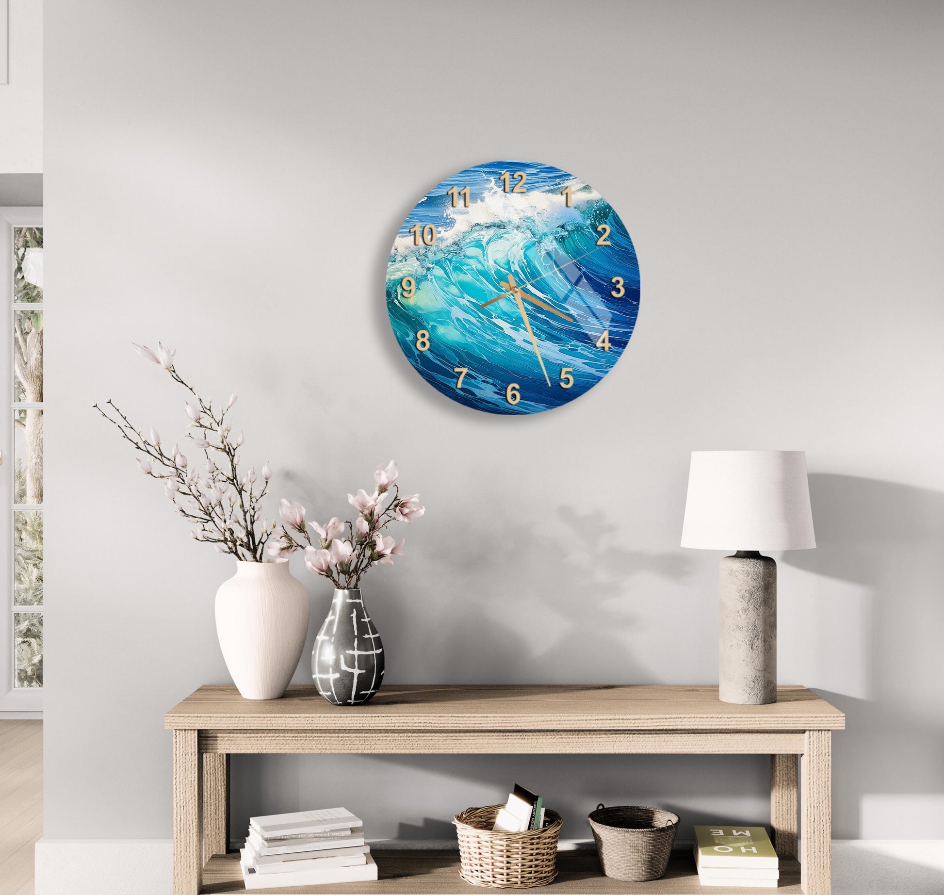 a clock on the wall of a living room