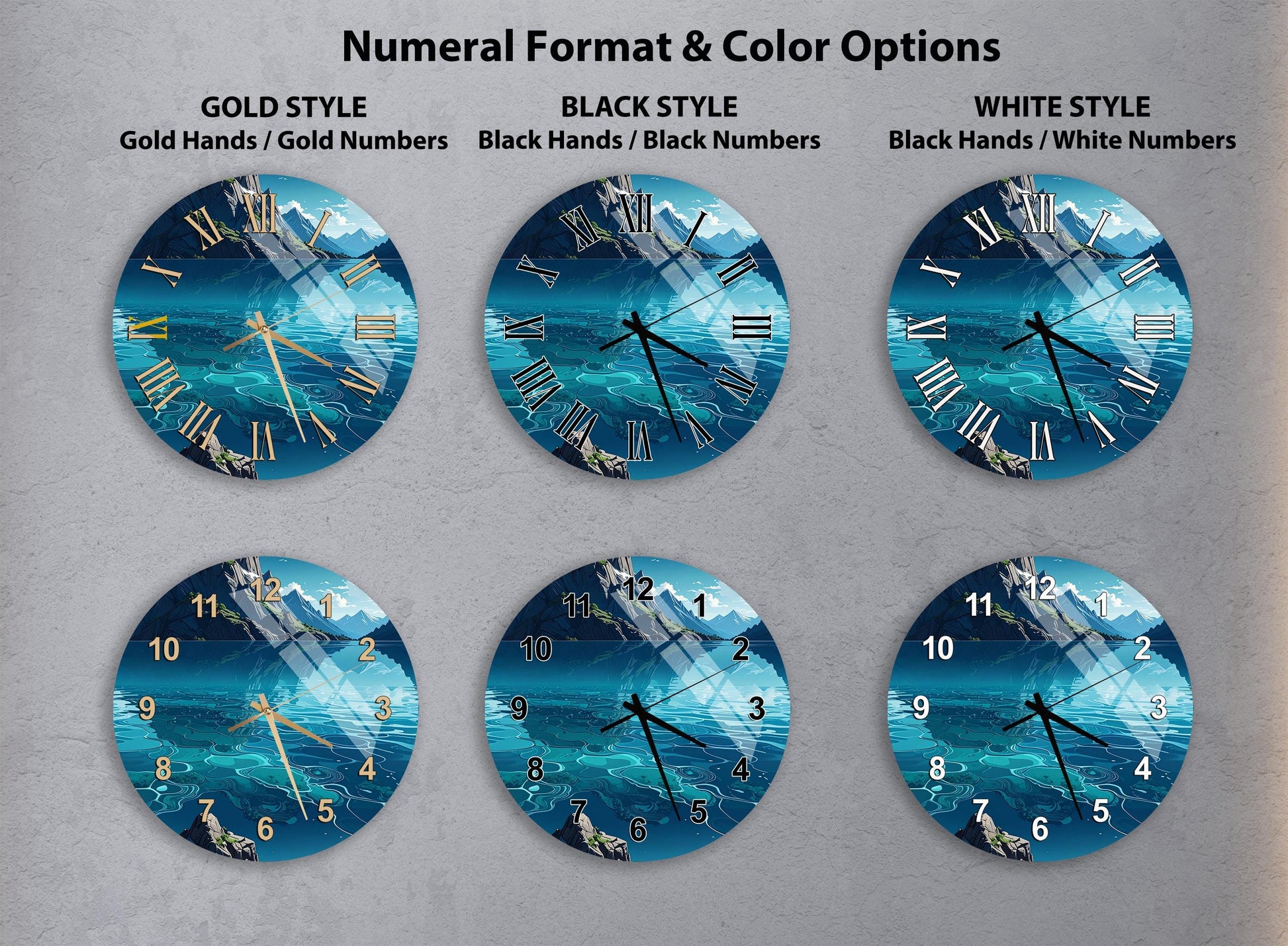 a collection of six clock faces, each with a different color and style, arranged in a grid. The clocks feature various color schemes and styles, including gold hands, black hands, and white hands. The clocks are set against a backdrop of a seascape, adding a natural element to the design.