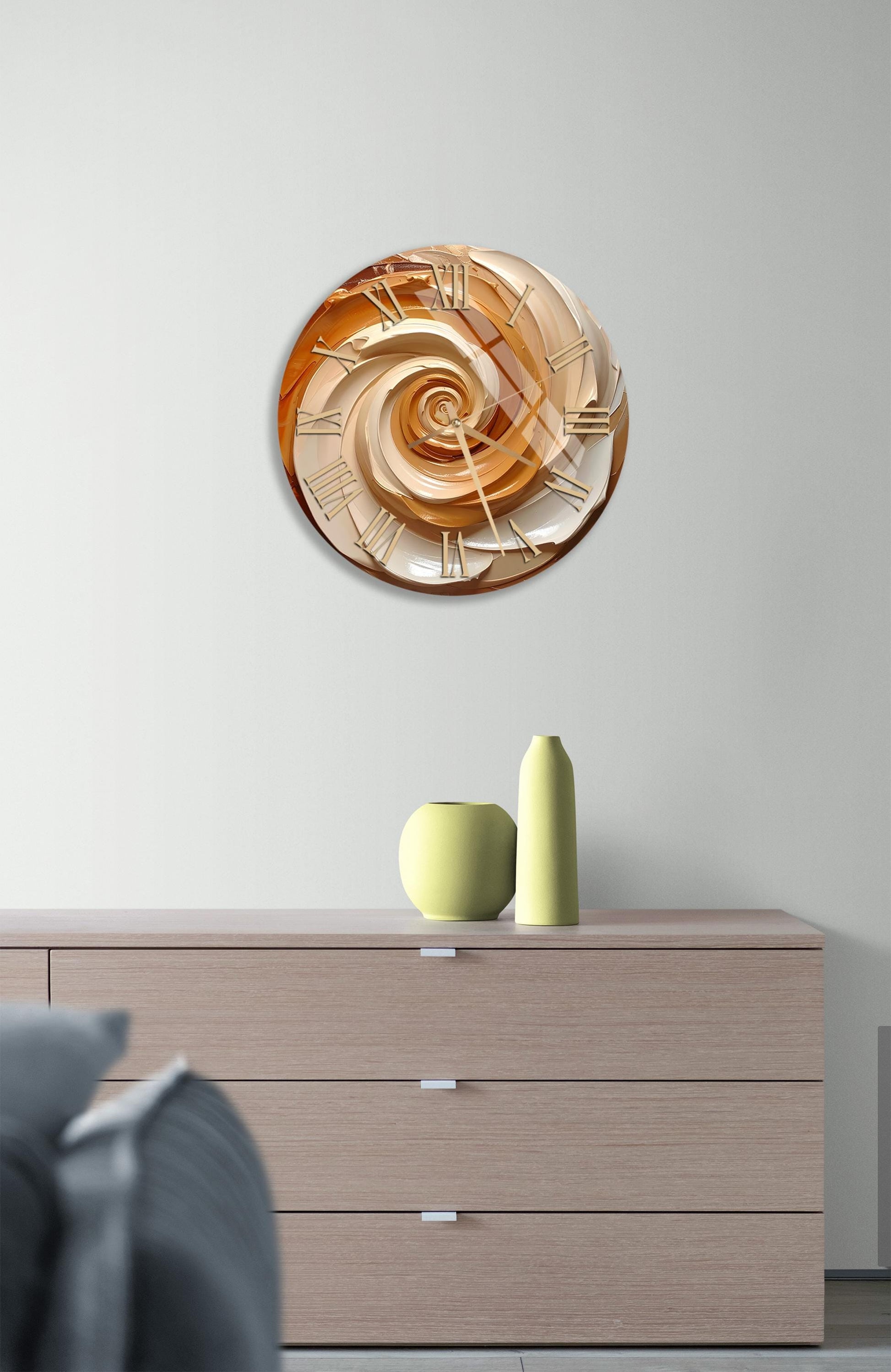 a modern living room with a wooden dresser, a decorative clock, and a vase on top of the dresser.