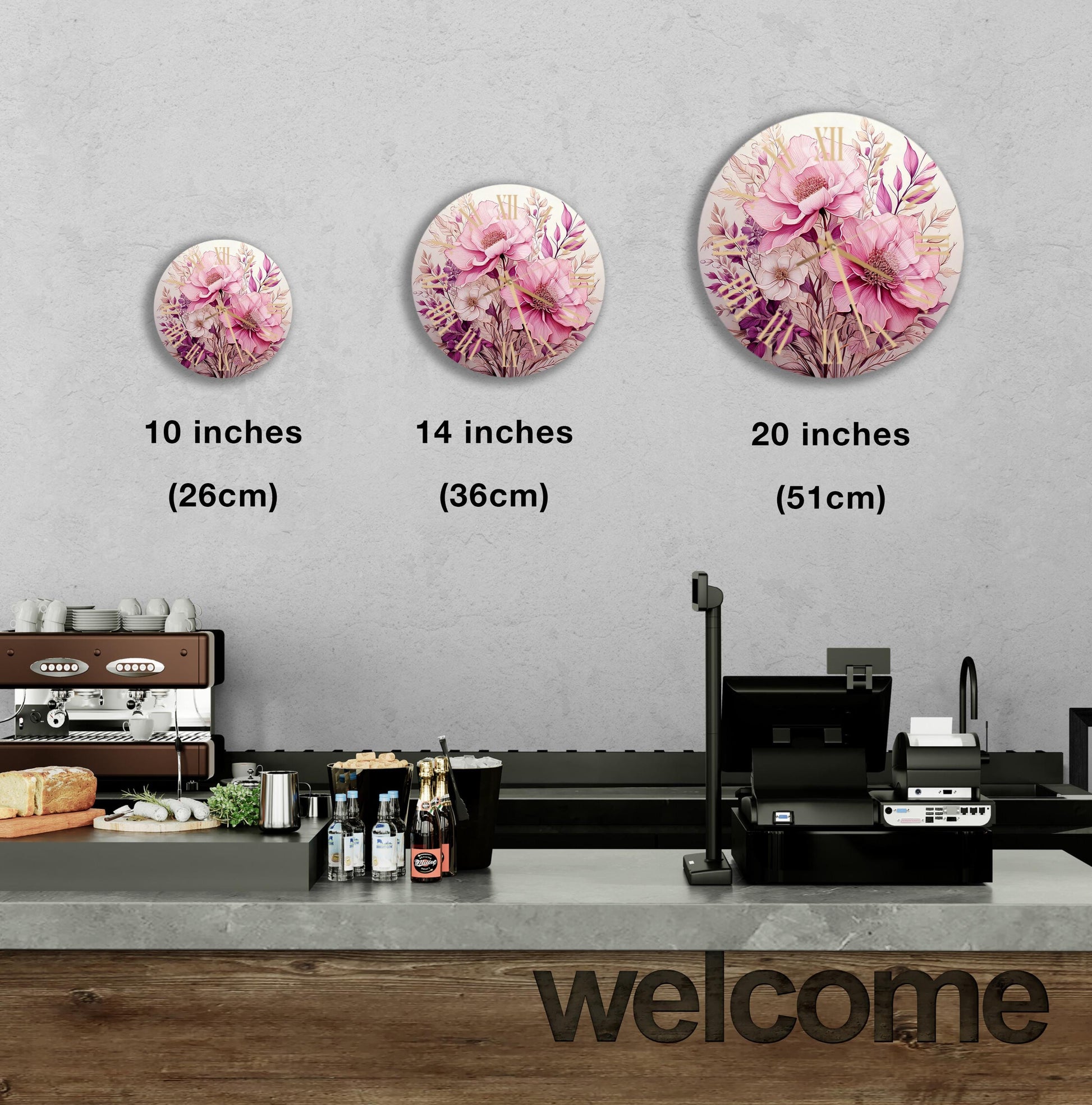 a coffee shop counter with three coffee machines
